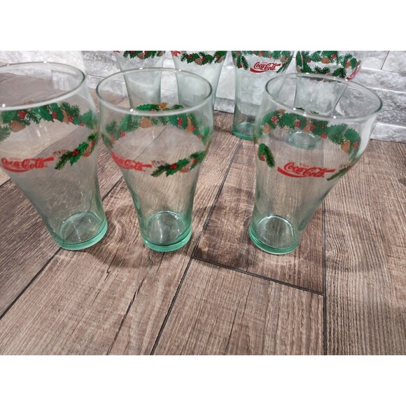 Vintage 12 " Green Tint Christmas Coca-Cola Glasses   Set Of 7 - Picture 11 of 11